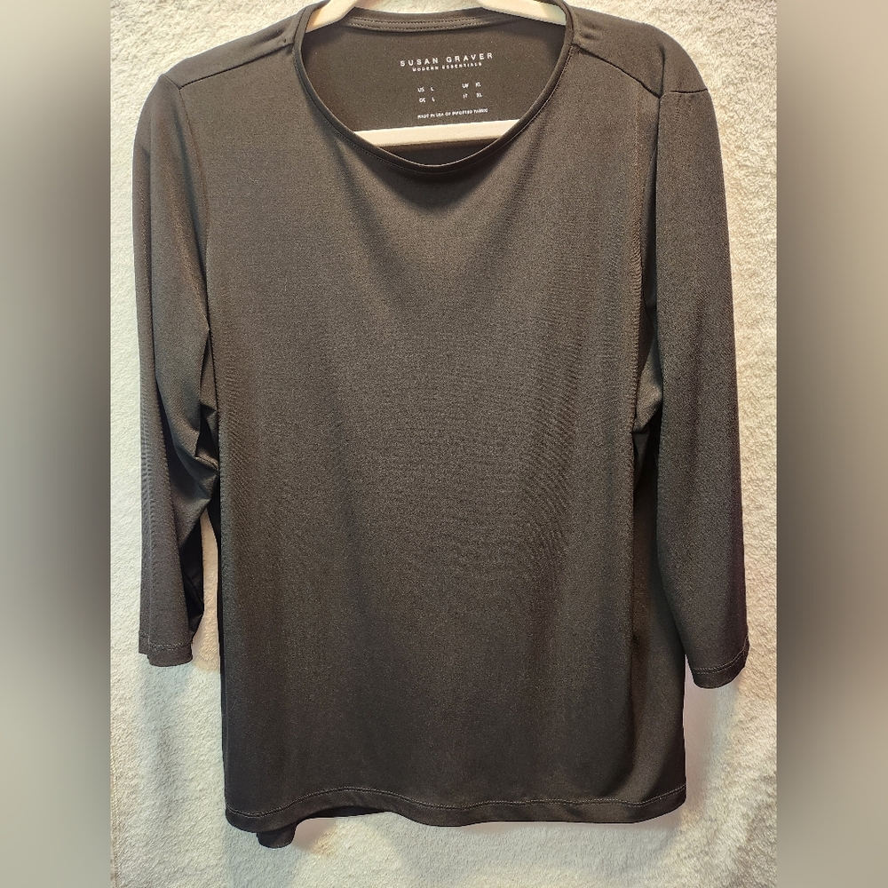Susan Graver Black Long Sleeve Flowy Blouse Size Large Relaxed Lightweight